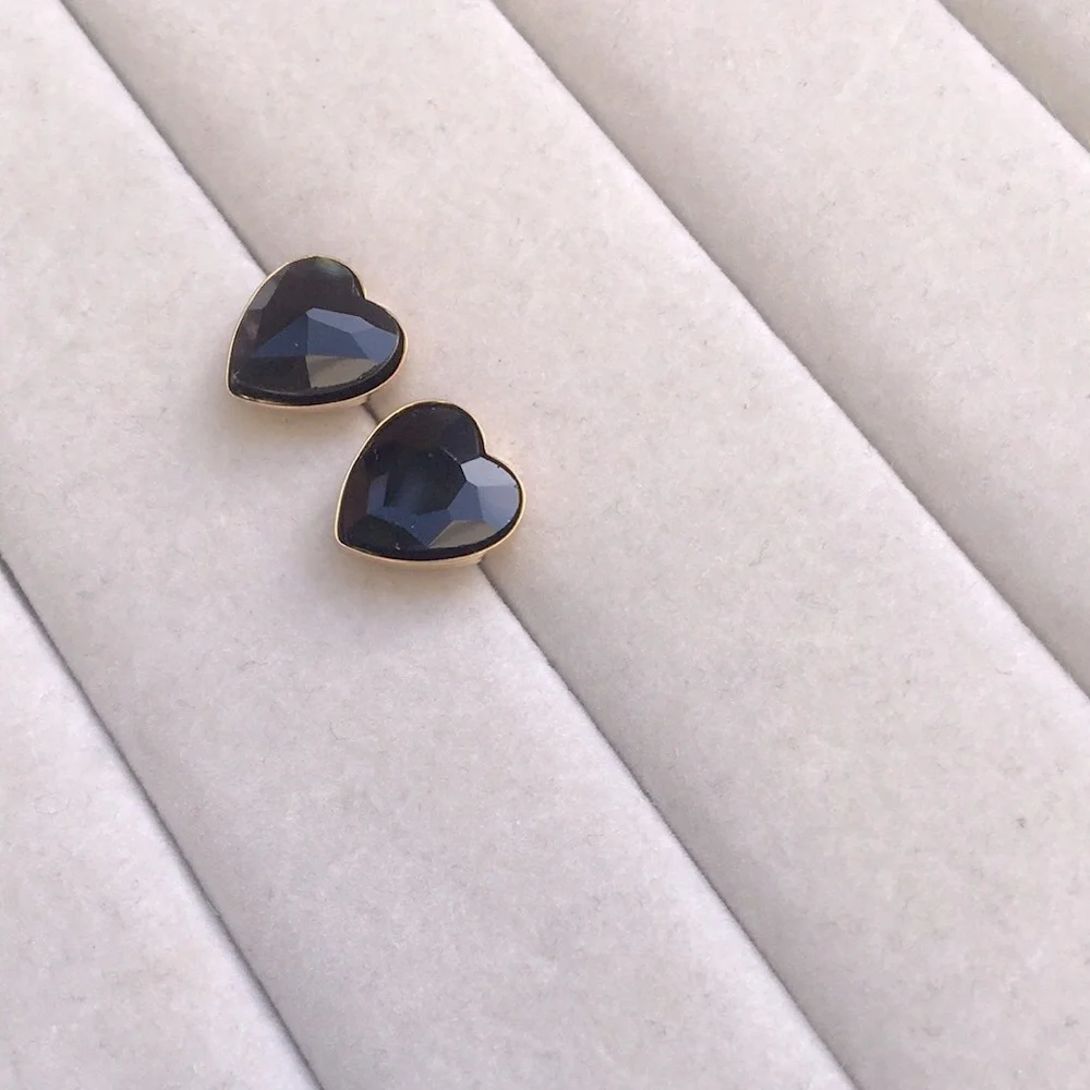 Onyx Jet Black + Gold Crystal Heart Earrings